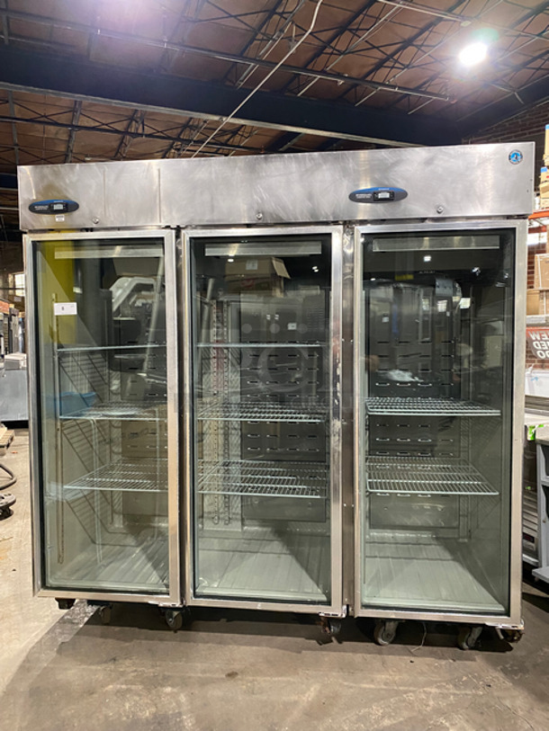 COOL! Hoshizaki Commercial 3 Door Reach In Cooler Merchandiser! With View Through Doors! Poly Coated Racks! All Stainless Steel Body! Model: CR3BFGYCR SN: E50016 115V 60HZ 1 Phase