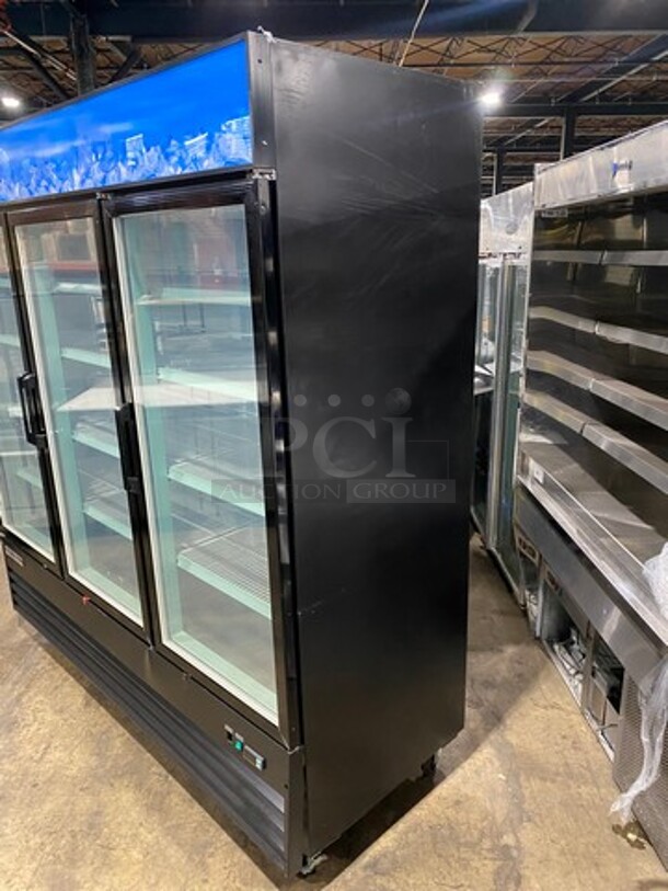 COOL! Universal Coolers Commercial 3 Door Reach In Cooler Merchandiser! With View Through Doors! With Poly Racks! On Casters! - Image 2 of 8