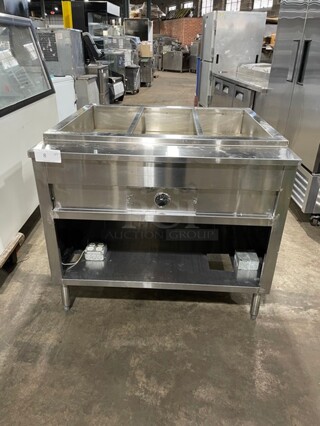 GREAT! Commercial Electric Powered 3 Bay Steam Table! With Storage Space Underneath! All Stainless Steel! With Full Size Removable Cutting Board! On Legs! 
