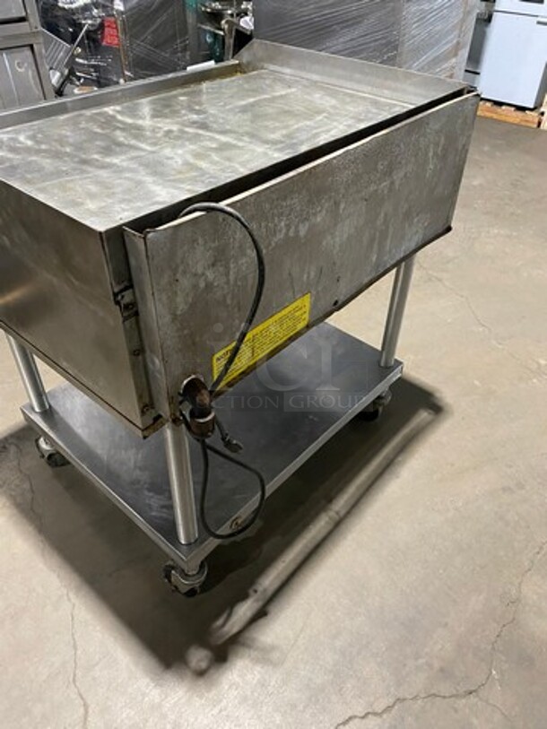 Lang Commercial Countertop Natural Gas Powered Flat Top Griddle! With Back And Side Splashes! On Equipment Stand! With Storage Space Underneath! All Stainless Steel! On Casters! SELECTRONIC SERIES! Model: G3EI SN: E76955 - Image 3 of 11