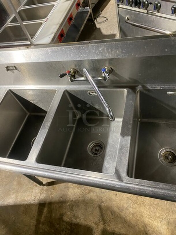 WOW ! SSP All Stainless Steel HEAVY GAGE Commercial 3 Compartment Dish Washing Sink! With Dual Side Drain Board! With Faucet And Handles! With Back Splash! All Stainless Steel! On Legs! - Image 5 of 12
