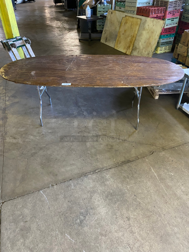 Long Oval Wooden Pattern Table! With Foldable Metal Legs! 2x Your Bid!