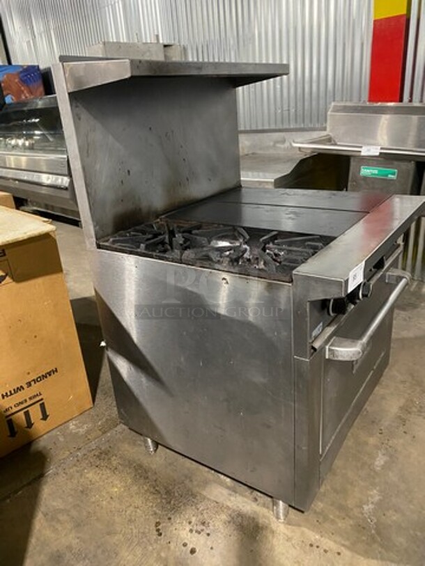 Garland Commercial Natural Gas Powered Hot Plate With Left Side 2 Burner Range! With Raised Splash Back And Salamander Shelf! With Oven Underneath! All Stainless Steel! On Legs! - Image 2 of 9