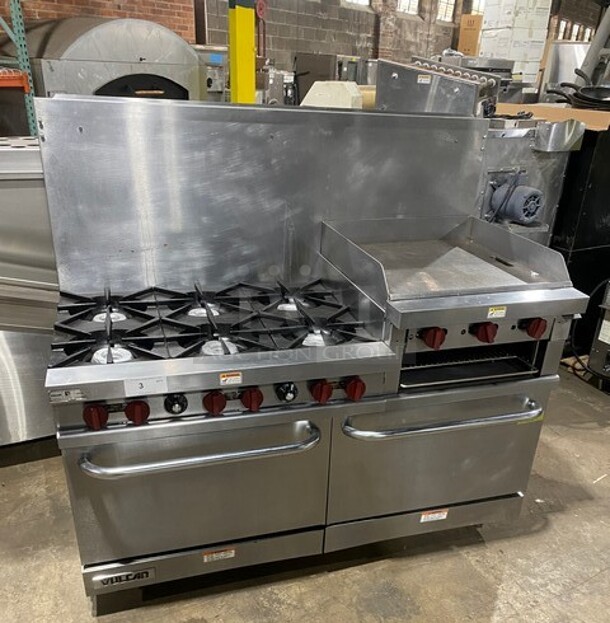 Sweet! LATE MODEL! Vulcan Commercial Natural Gas Powered 6 Burner Stove! With Right Side Flat Griddle & Cheese Melter Combo! Griddle Has Side Splashes! With Raised Back Splash! With 2 Oven Underneath! All Stainless Steel!
