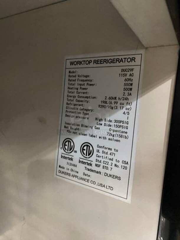 NEW! SCRATCH-N-DENT! Dukers Commercial Single Door Refrigerated Lowboy/ Worktop Freezer! With Poly Coated Rack! Solid Stainless Steel! Model: DUC29F 115V 60HZ 1 Phase - Image 6 of 7