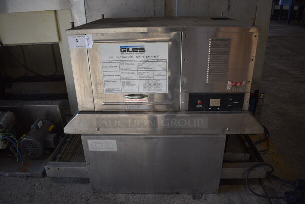 CTX Stainless Steel Commercial Electric Powered Conveyor Pizza Oven w/ Giles Model OVH10 Stainless Steel Commercial Ventless Hood. 208/240 Volts, 1 Phase. 52x28x34