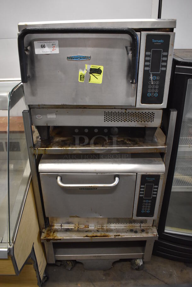2 Turbochef NGCD6 Tornado Stainless Steel Commercial Countertop Electric Powered Rapid Cook Ovens on Stainless Steel Equipment Stand w/ Commercial Casters. 208/240 Volts, 1 Phase. 30x30x64. 2 Times Your Bid!