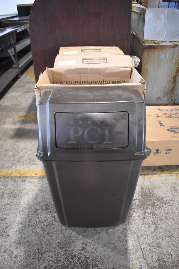 BRAND NEW IN BOX! Rubbermaid 7822 Brown Poly Profile Container 15 Gallon Slim Jim Wall Mountable Fire Resistant Trash Can. 20x11x34 - Image 1 of 7
