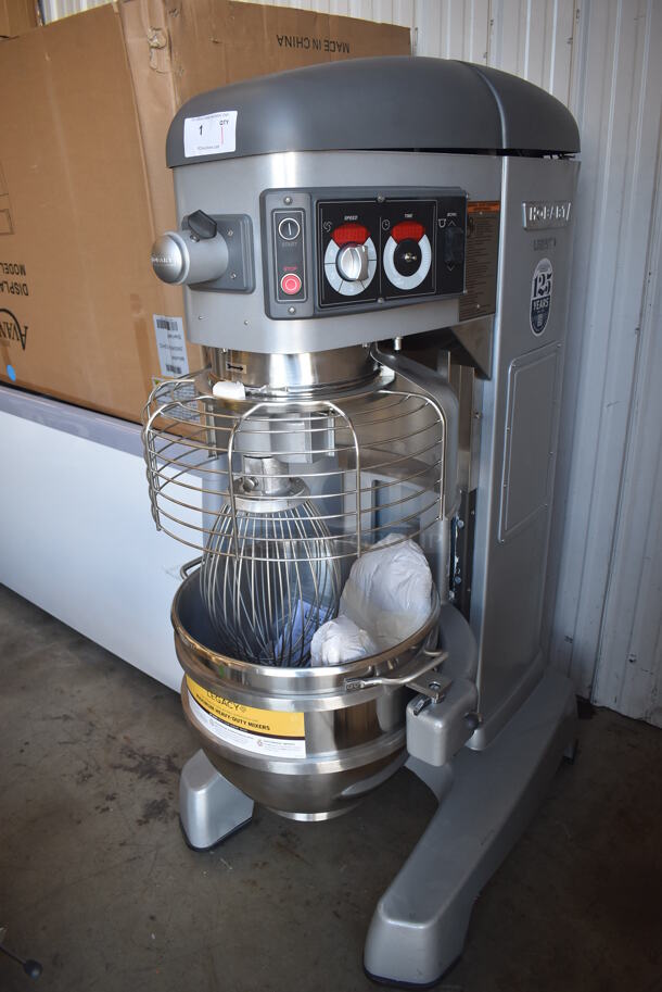 BRAND NEW SCRATCH AND DENT! Hobart Legacy HL600 Metal Commercial Floor Style 60 Quart Planetary Dough Mixer w/ Stainless Steel Mixing Bowl, Bowl Guard, Whisk, Dough Hook and Paddle Attachments. 200-240 Volts, 1/3 Phase. 28x40x64