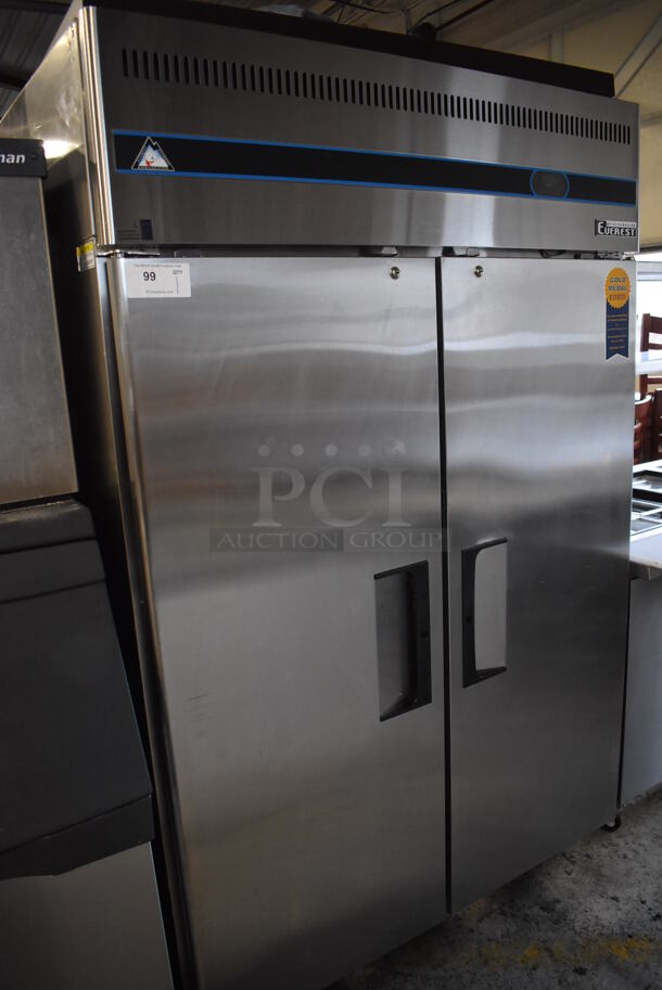 Everest ESF2 Stainless Steel Commercial 2 Door Reach In Freezer w/ Poly Coated Racks on Commercial Casters. 115 Volts, 1 Phase. 50x32x79. Tested and Working!