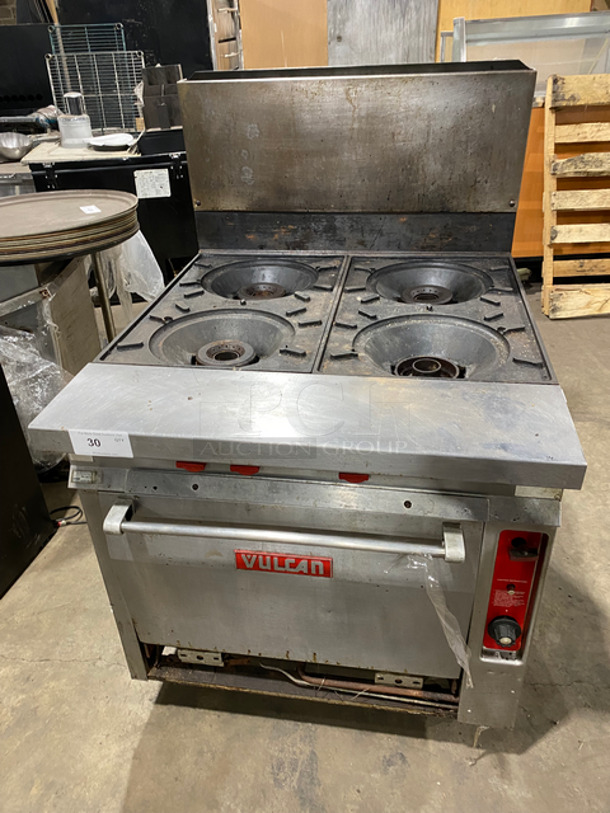 Vulcan Commercial Natural Gas Powered 4 Burner Stove! With Raised Back Splash! With Oven Underneath! All Stainless Steel! On Casters! Model: GH45 SN: 481265338