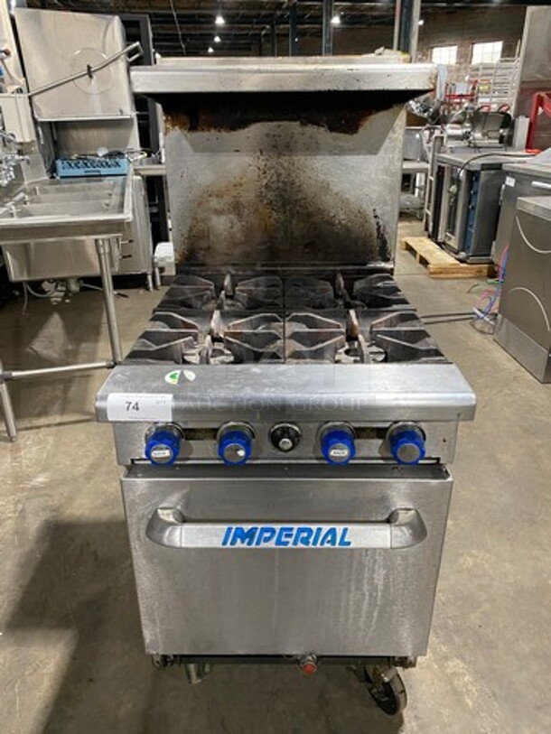 Imperial Commercial Natural Gas Powered 4 Burner Stove! With Raised Back Splash And Salamander Shelf! With Oven Underneath! All Stainless Steel! On Casters! Model: IR4 SN: 03273711