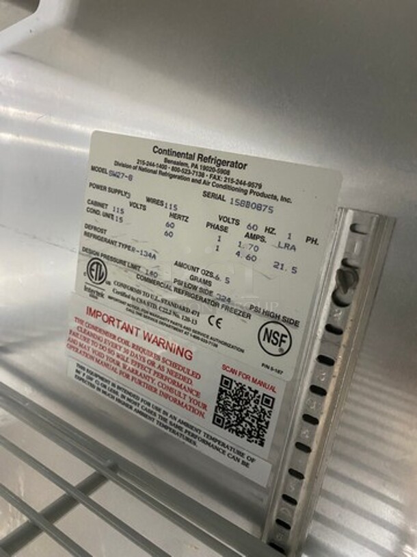 Continental Commercial Refrigerated Sandwich Prep Table! With Single Door Storage Space Underneath! All Stainless Steel! On Casters! Model: SW278 SN: 158B0875 115V 60HZ 1 Phase - Image 7 of 9