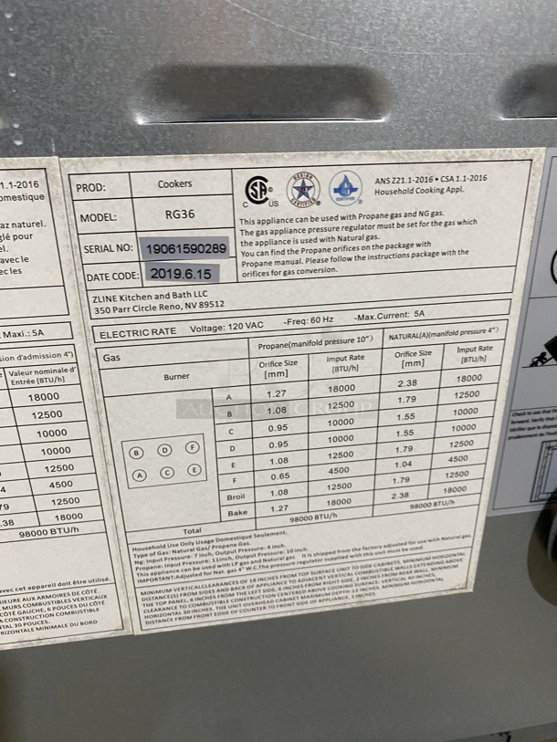 2019 AMAZING! ZLINE Gas Powered 6 Burner Stove! With Oven Underneath! Stainless Steel! On Legs! MODEL RG36
Serial 19061590289 120V/60Hz - Image 8 of 10
