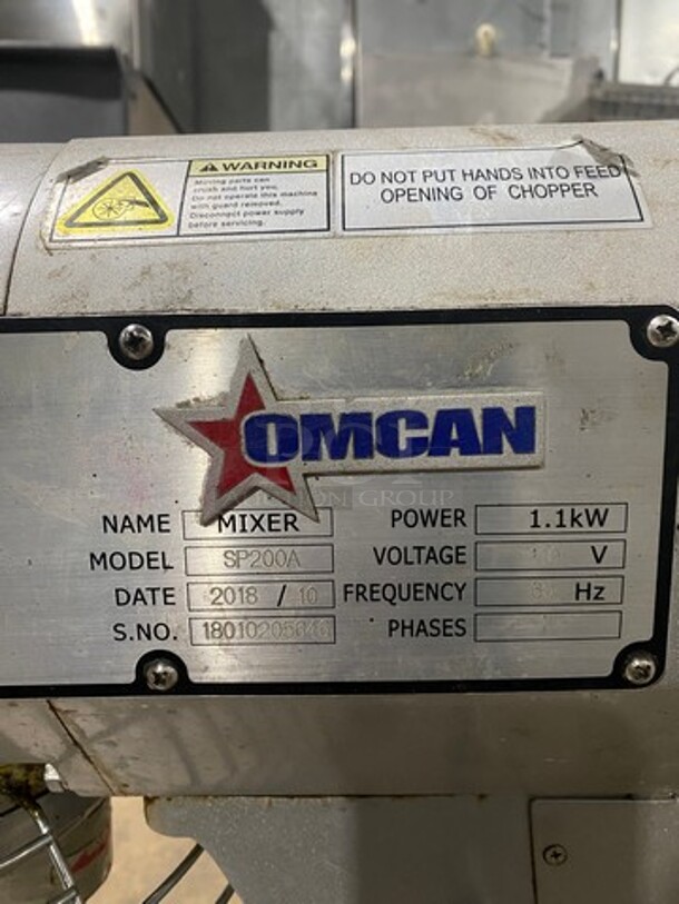 Omcan Commercial Countertop 20Qt Planetary Mixer! With Stainless Steel Bowl Guard! Model: SP200A SN: 18010205646 110V 1 Phase - Image 8 of 10