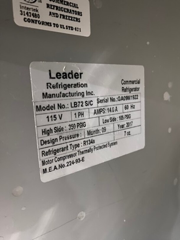 Leader Commercial 3 Door Under The Counter/ Work Top Cooler! With Poly Coated Racks! All Stainless Steel! On Casters! Model: LB72S/C SN: GA09M1922 115V 60HZ 1 Phase - Image 7 of 8