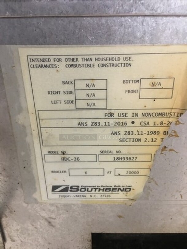 LATE MODEL! 2018 Southbend Commercial Countertop Natural Gas Powered Char Broiler Grill! With Back And Side Splashes! All Stainless Steel! On Small Legs! WORKING WHEN REMOVED! Model: HDC36 SN: 18H93627 - Image 5 of 12