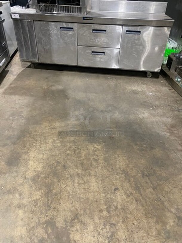 NICE! Delfield Commercial Worktop/ Lowboy Cooler! With Backsplash! With 2 Door And 2 Drawer Storage Space Underneath! All Stainless Steel! On Casters! Model: V1868428 SN: 67620202M 115V 60HZ 1 Phase