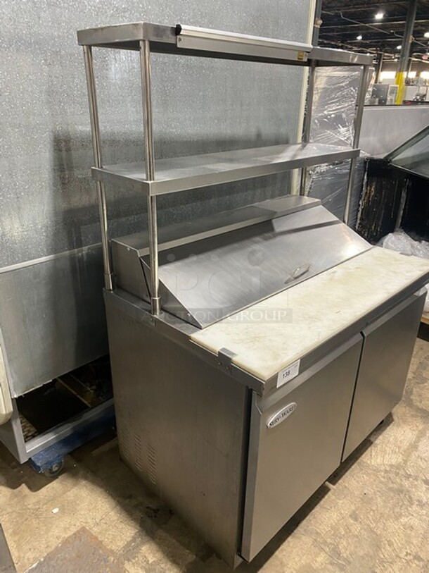 2021 Serv-Ware Prep Table With Commercial Cutting Board And 2 Doors Underneath!  w/ 2 Tier Over Shelf on Commercial Casters! Working When Removed! MODEL SP4812HC SN:21032106  - Image 2 of 12