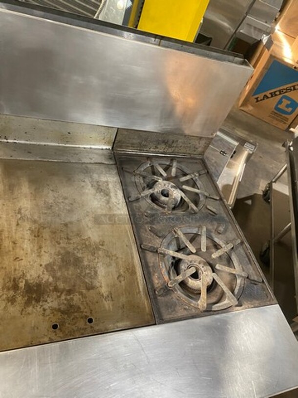 Vulcan Commercial Natural Gas Powered French Top/ Hot Plate Stove With Right Side 2 Burner! With Raised Back Splash! With Oven Underneath! All Stainless Steel! On Legs! Model: GH7245 SN: 481109901AT - Image 5 of 12