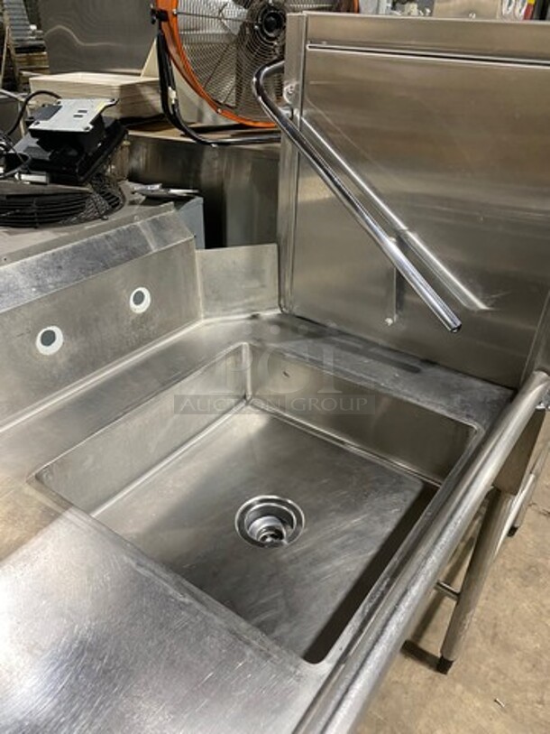 WOW! Hobart Commercial Pass-Through Dishwasher! All Stainless Steel! On Legs! With Left And Right Side Dish Washing Table! With Back Splash! On Legs! Model: AM12 SN: 12045138 200/240V 60HZ 1 Phase! Measurements Are With Tables In Place!  - Image 5 of 11