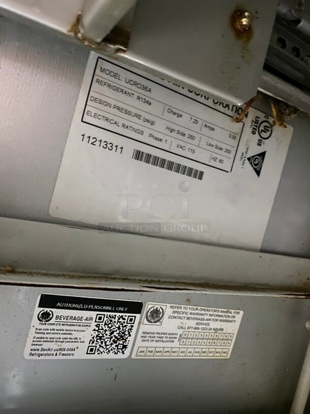Beverage Air Commercial Refrigerated 2 Drawer Lowboy Worktop Cooler! All Stainless Steel! On Casters! Model UCRD36A SN 11213311 115V PHASE 1 - Image 6 of 7
