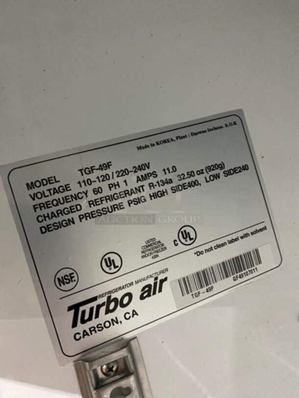 COOL! Turbo Air Commercial 2 Door Ice Cream Freezer! With View Through Doors! Poly Coated Racks! On Casters! Model: TGF49F SN: GF49107011 110/120V 60HZ 1 Phase - Image 8 of 9