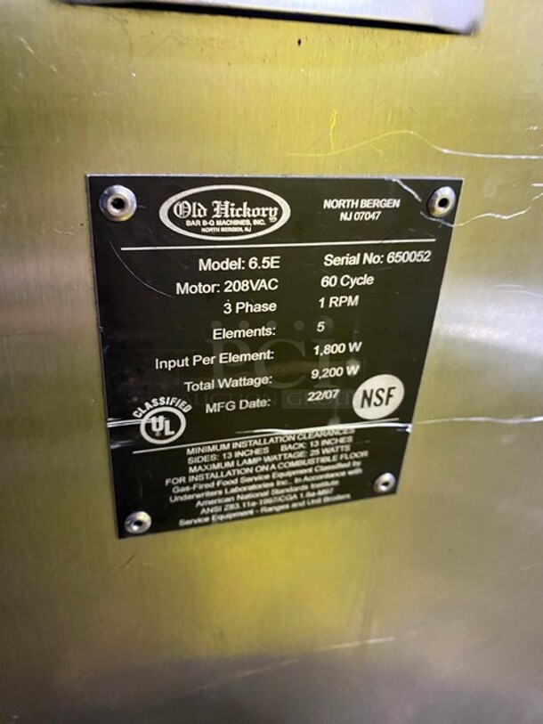 NICE! Old hickory Countertop Rotisserie! Electric Powered! Working When Removed! MODEL 6.5E SN: 650052 208V 3PH - Image 5 of 8
