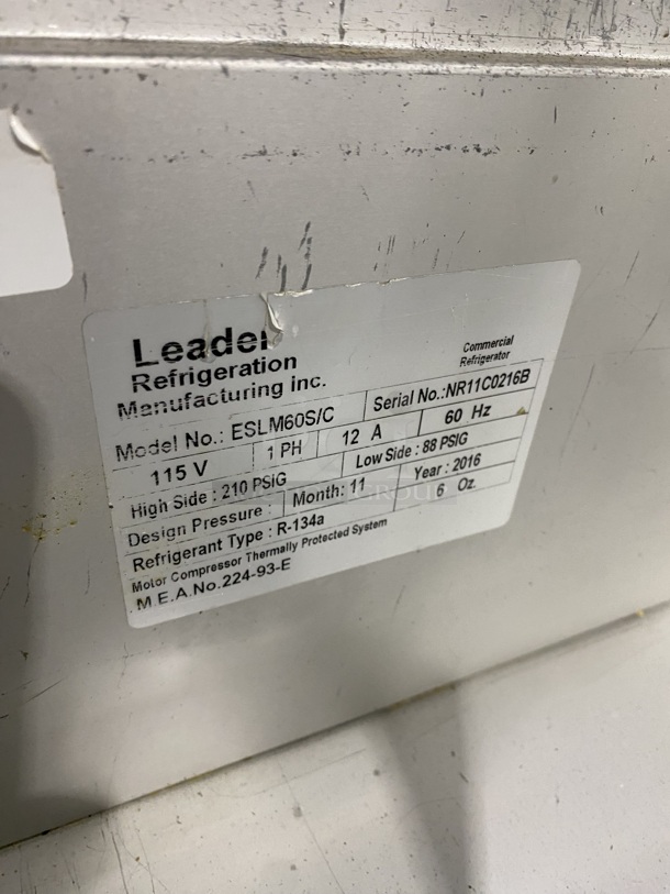 Nice! Leader Refrigerated Mega Top Sandwich Prep Table! With Sneeze Guard! With 2 Door Underneath Storage Space! Model ESLM60S/C! 115v 1ph!  On Casters! - Image 7 of 8