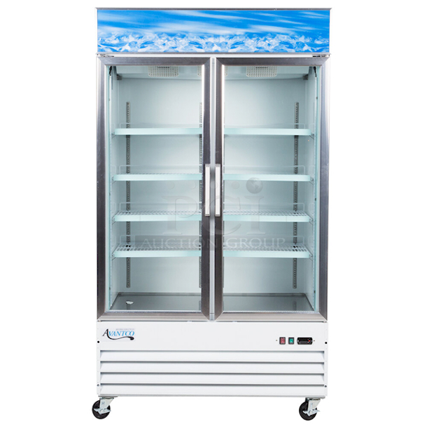 BRAND NEW SCRATCH & DENT! Avantco GDC-40-HC 48" White Swing Glass Door Merchandiser Refrigerator with LED Lighting. Unit is badly dented on the back and front air grate covers.  Not tested. Wires are cut. S/N: 871987927 - Image 1 of 11