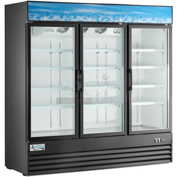 BRAND NEW SCRATCH & DENT! Avantco GDC-69-HC 78 1/4" Black Customizable Swing Glass Door Merchandiser Refrigerator with LED Lighting. Missing Middle Door, Power Cord and Switches. Unable to test.  - Image 1 of 3