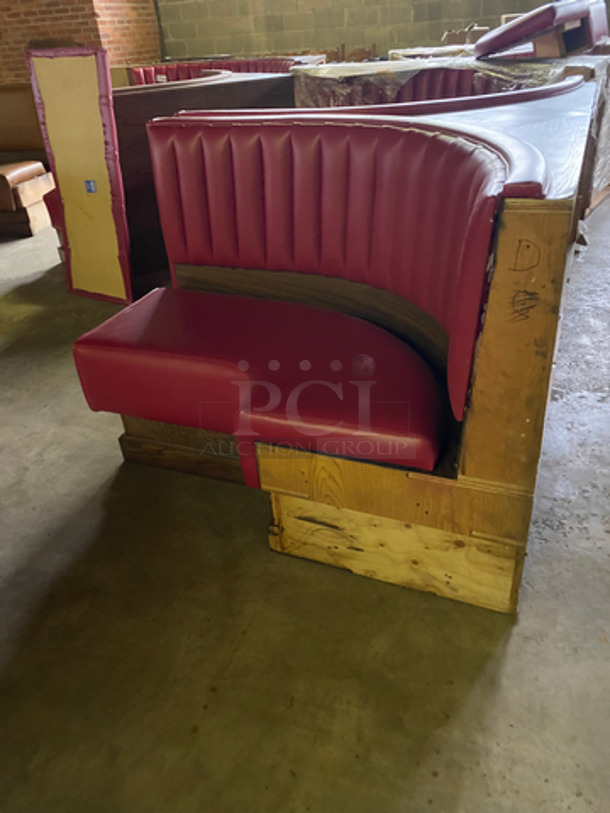 NEW! Dual Sided Corner Curved Red Cushioned Booth Seats! With Wooden Outline! 2x Your Bid! Can Be Connected With Any Booths Listed! - Image 3 of 6
