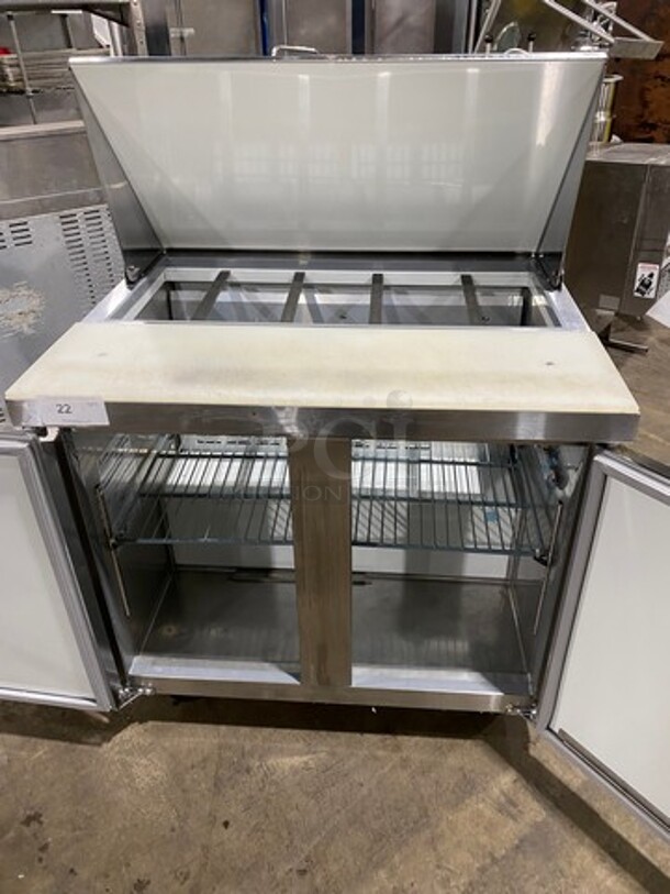 Motak Commercial Refrigerated Mega Top Sandwich Prep Table! With Commercial Cutting Board! With 2 Door Storage Space Underneath! All Stainless Steel! On Casters! Model: MST36X SN: 428747087 - Image 5 of 9