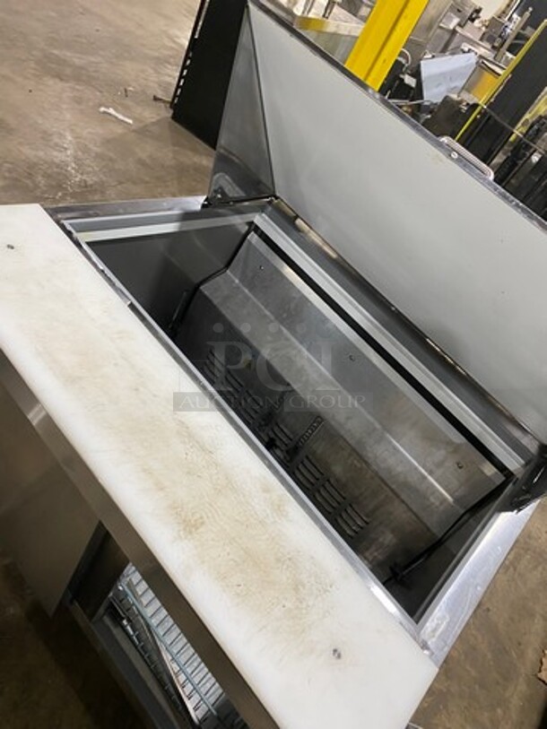 Universal Coolers Commercial Refrigerated Sandwich Prep Table! With 2 Door Storage Space Underneath! With Poly Coated Rack! All Stainless Steel! On Casters! Model: SC36BMI SN: 6733424419111105 115V - Image 8 of 9