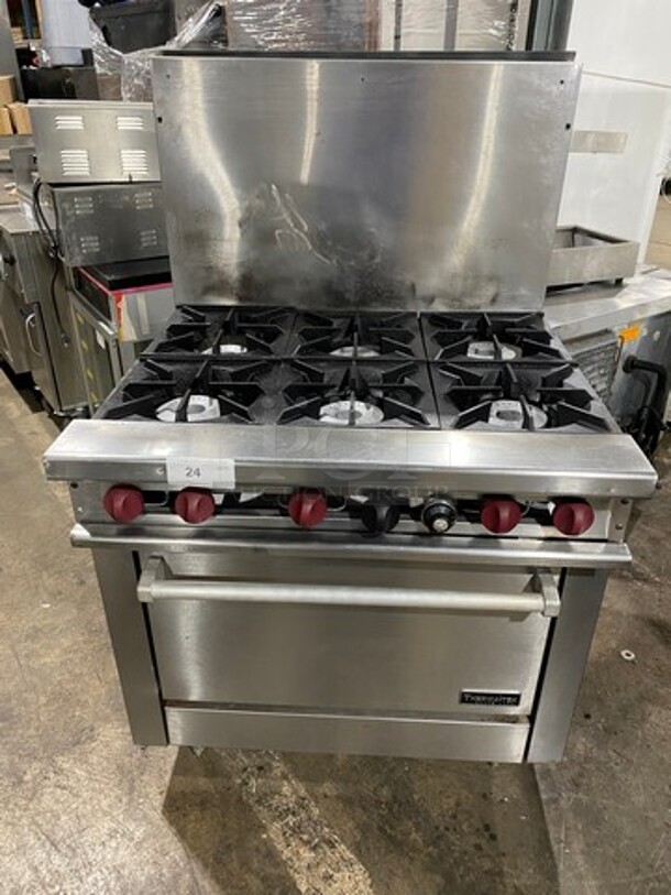 Nice! 2016 Therma Tek Natural Gas Powered 6 Burner Range! With Full Size Oven Underneath! With Raised Back Splash! Model TMD36-6-1N! On Commercial Casters! Working When Removed!