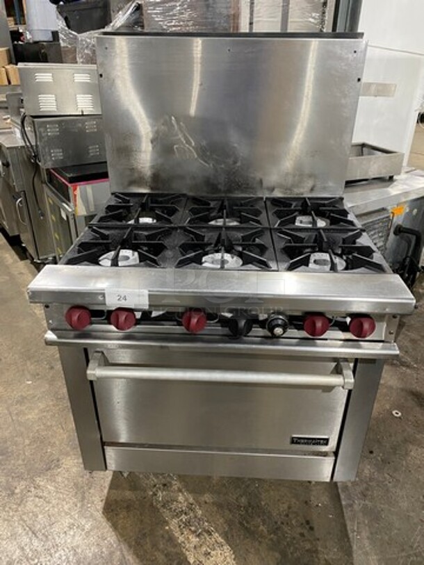Nice! 2016 Therma Tek Natural Gas Powered 6 Burner Range! With Full Size Oven Underneath! With Raised Back Splash! Model TMD36-6-1N! On Commercial Casters! Working When Removed! - Image 1 of 10