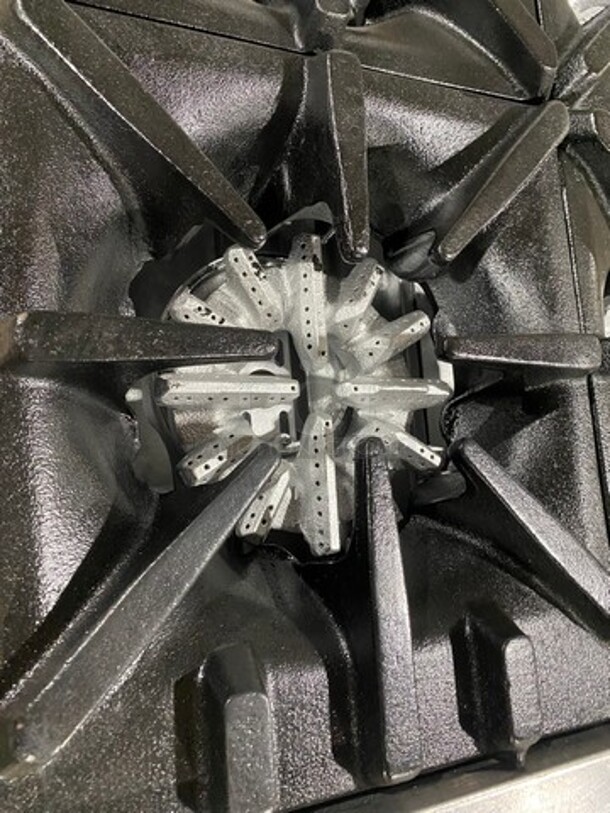 Garland Commercial Natural Gas Powered 6 Burner Stove! With Raised Back Splash And Salamander Shelf! With Oven Underneath! Metal Oven Rack! All Stainless Steel! On Casters! - Image 6 of 10