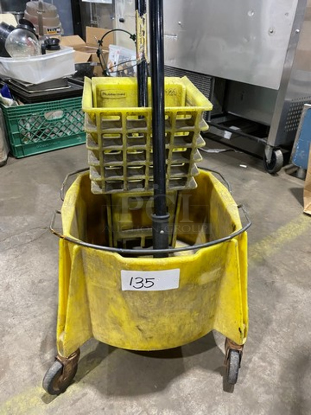 Rubbermaid Yellow Poly Mop Bucket! With Wringer Attachment! On Casters!