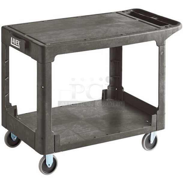 BRAND NEW SCRATCH AND DENT! Lavex 475UCLG2FTBK Large Black 2-Shelf Utility Cart with Flat Top and Built-In Tool Compartment - 44