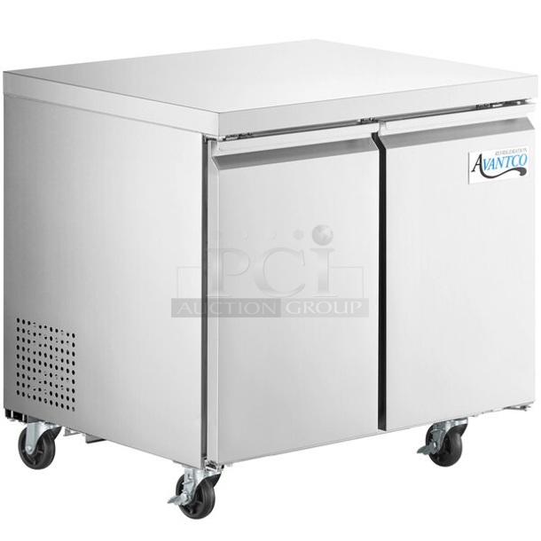 BRAND NEW SCRATCH AND DENT! 2023 Avantco  Stainless Steel Commercial 2 Door Work Top Cooler on Commercial Casters. 115 Volts, 1 Phase. Tested and Working!