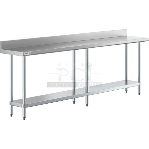 BRAND NEW SCRATCH AND DENT! Regency 600TB1896G 18" x 96" 18-Gauge 304 Stainless Steel Commercial Work Table with 4" Backsplash and Galvanized Undershelf. May Be Missing Pieces.  - Image 1 of 2