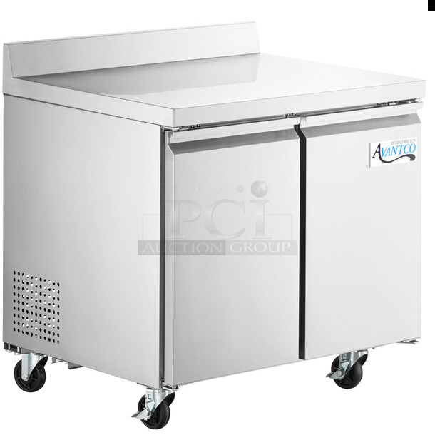 BRAND NEW SCRATCH AND DENT! 2023 Avantco 178SSWT36FHC Stainless Steel Commercial 2 Door Work Top Freezer on Commercial Casters. 115 Volts, 1 Phase. Tested and Working!