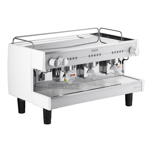 BRAND NEW SCRATCH AND DENT! Gaggia 21AVETRO3W Vetro White 3 Group Automatic Espresso Machine w/ 3 Portafilters and 2 Steam Wands. 220 Volts. - Image 1 of 10