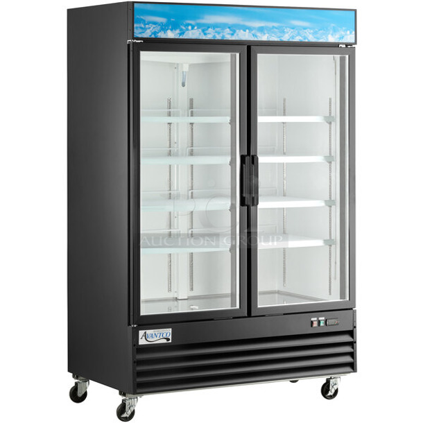 BRAND NEW SCRATCH AND DENT! 2023 Avantco 178GDC49HCB Metal Commercial 2 Door Reach In Cooler Merchandiser w/ Poly Coated Racks. See Pictures For Missing Top Panel. 115 Volts, 1 Phase. Tested and Working!