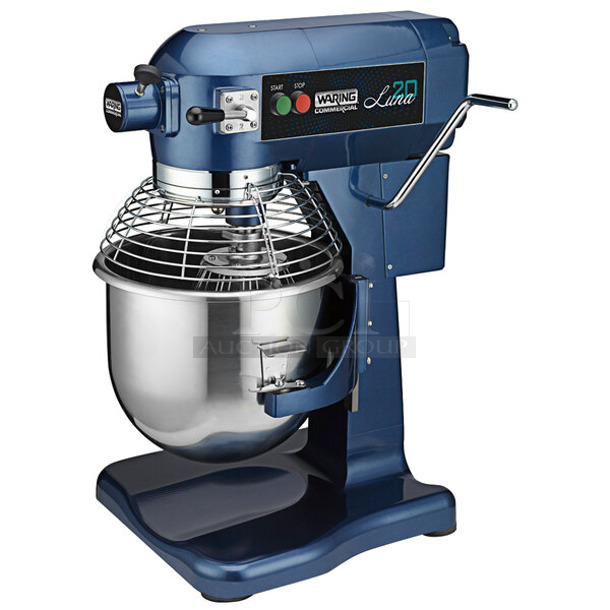BRAND NEW SCRATCH AND DENT! 2023 Waring Luna WSM20L Metal Commercial Countertop 20 Quart Planetary Dough Mixer w/ Stainless Steel Mixing Bowl, Bowl Guard, Dough Hook, Paddle and Whisk Attachments. 110-120 Volts, 1 Phase. Tested and Working!
