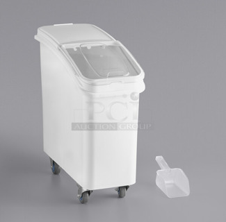BRAND NEW SCRATCH AND DENT! Baker's Mark 176BIN21GL 21 Gallon / 335 Cup White Slant Top Mobile Ingredient Storage Bin with Sliding Lid & Scoop on Commercial Casters. 