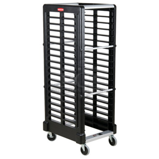 BRAND NEW SCRATCH AND DENT! Rubbermaid Black and Chrome Finish Pan Transport Rack on Commercial Casters. 