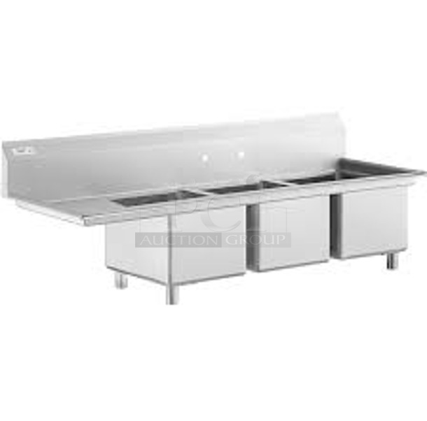 BRAND NEW SCRATCH AND DENT! Regency 600S3162018L Stainless Steel 3 Bay Sink w/ Left Side Drain Board. Bays 16x20x12. Drain Board 16.5x21.5 - Image 1 of 8