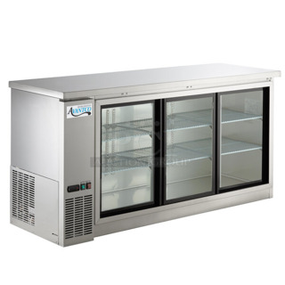 BRAND NEW SCRATCH AND DENT! Avantco 178UBB72SHCS Stainless Steel Commercial Counter Height Narrow 3 Door Sliding Glass Door Back Bar Refrigerator Merchandiser with LED Lighting. 115 Volts, 1 Phase. Tested and Powers On But Does Not Get Cold
