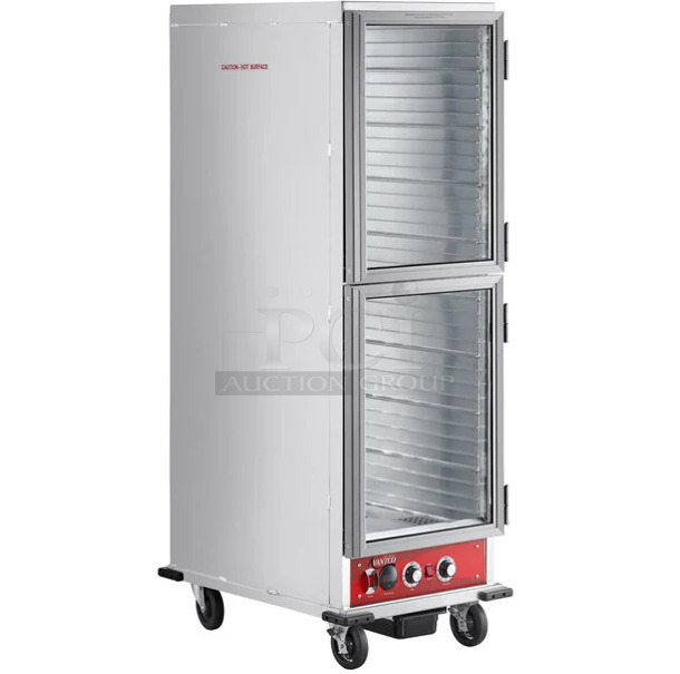 BRAND NEW SCRATCH AND DENT!  Avantco 177HPI1836DC Metal Commercial  Full Size Insulated Heated Holding / Proofing Cabinet with Clear Dutch Doors on Commercial Casters. 120 Volts, 1 Phase. Tested and Working! - Image 1 of 8